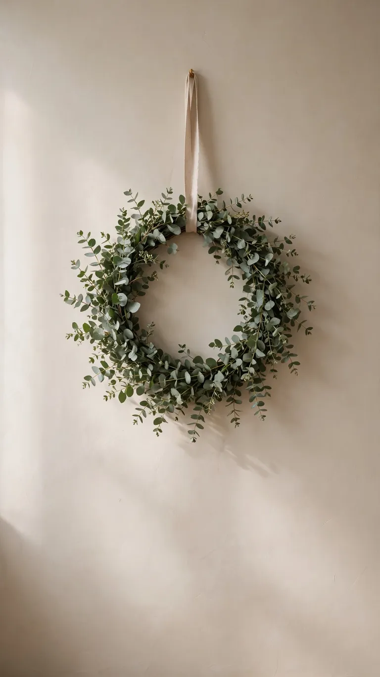 A simple single-greenery eucalyptus wreath hanging on a plain wall.