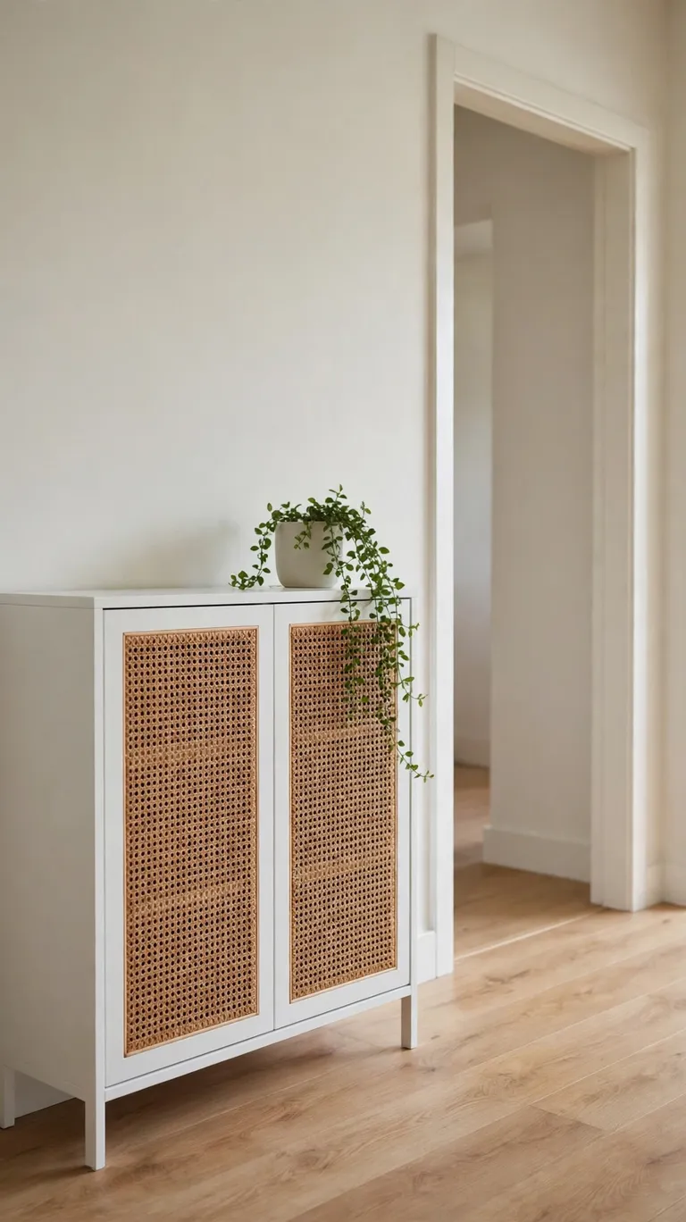 A slim white storage cabinet tucked against a hallway wall beside a door.