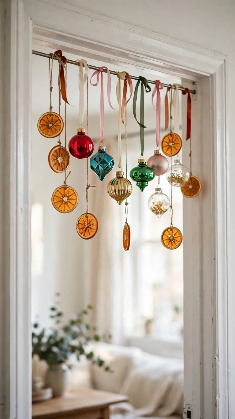 Christmas ornaments hanging from a tension rod in a doorway