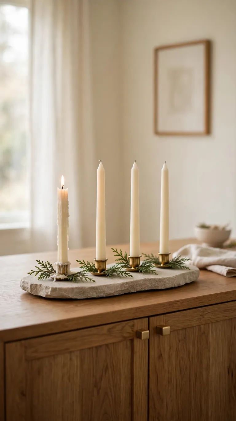 15 Neutral Christmas Decor Ideas for a Calm, Minimalist Home 10 Minimal advent candle set with four ivory tapers and greenery on a stone tray