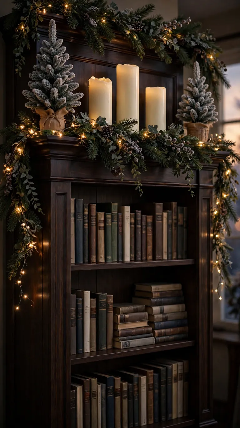24 Festive Christmas Mantel Alternatives for Homes Without a Fireplace 10 The top of a tall bookcase decorated with a spilling garland, tall candle pillars, and small Christmas trees