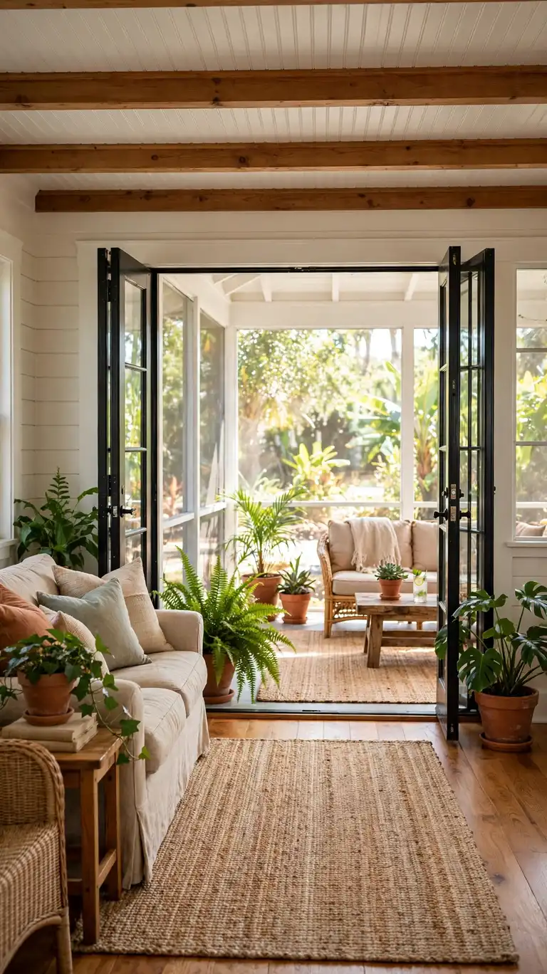 Open French doors connecting a bungalow living room to its porch with matching rugs and greenery.
