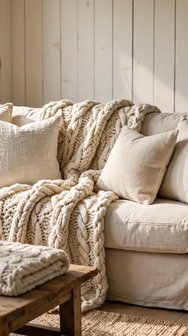 Farmhouse sofa layered with chunky knit throws and textured linen pillows in cream and oatmeal tones.