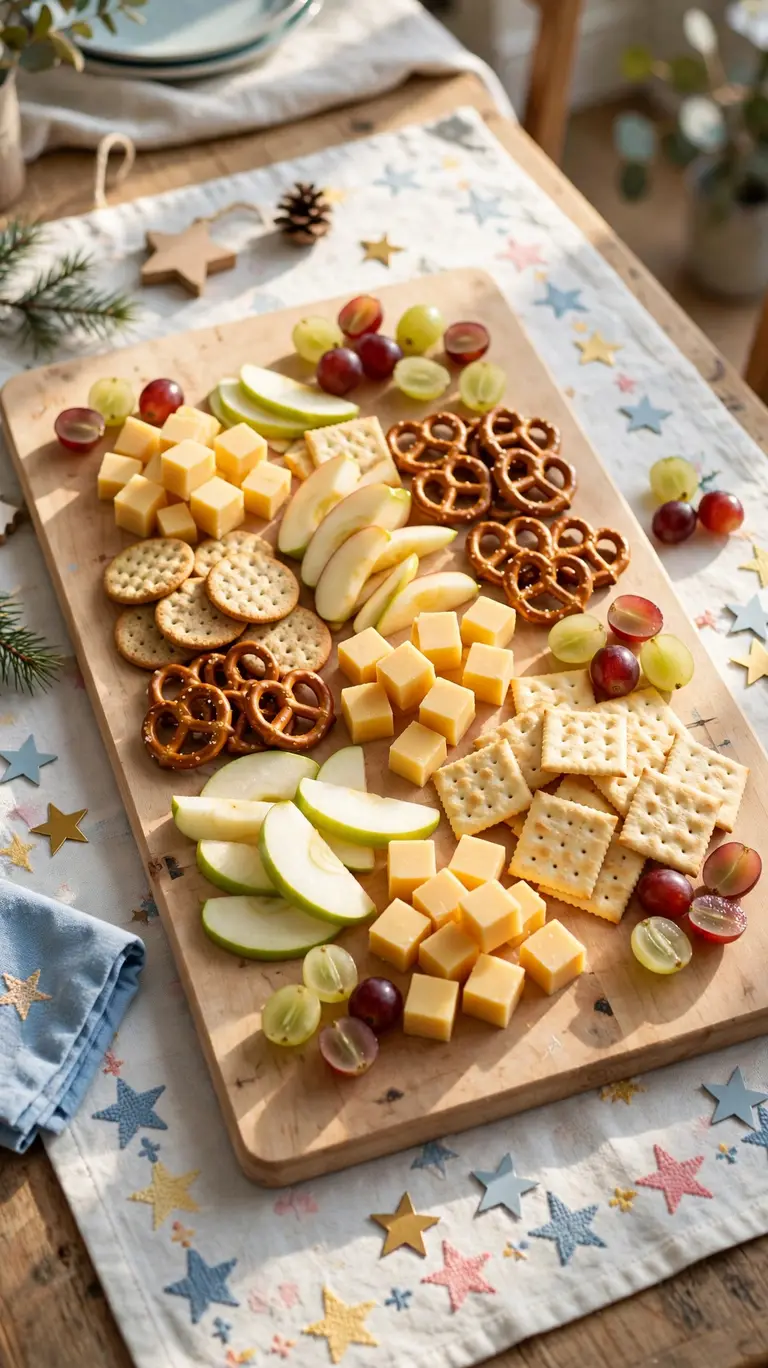 Edible snack centerpiece board with cheese, crackers and fruit
