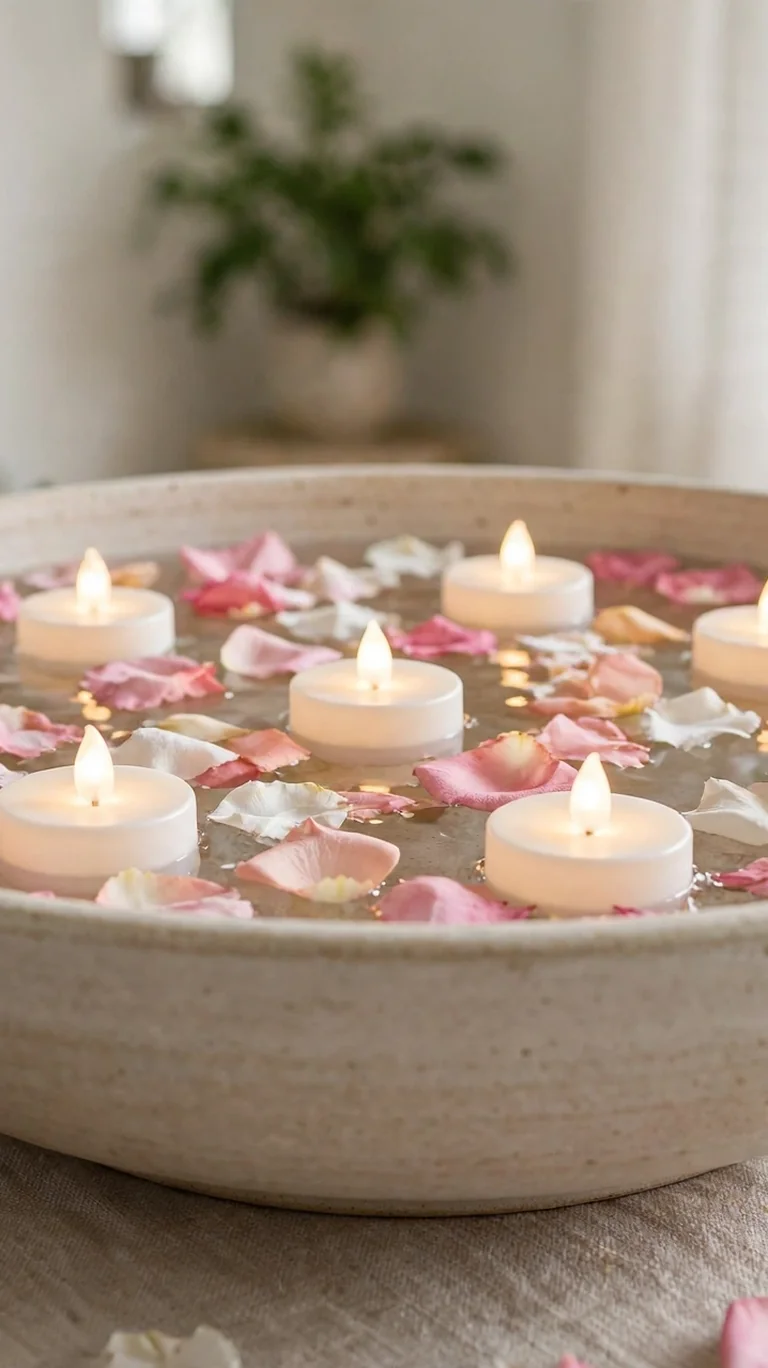 Floating flameless LED candles glowing in a shallow bowl of water with flower petals as a centerpiece