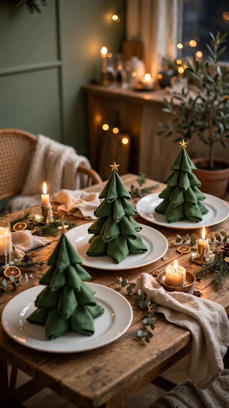 20 Beautiful Christmas Table Settings for Small Dining Spaces 10 Cloth napkins folded into standing tree shapes on plates at a small Christmas table