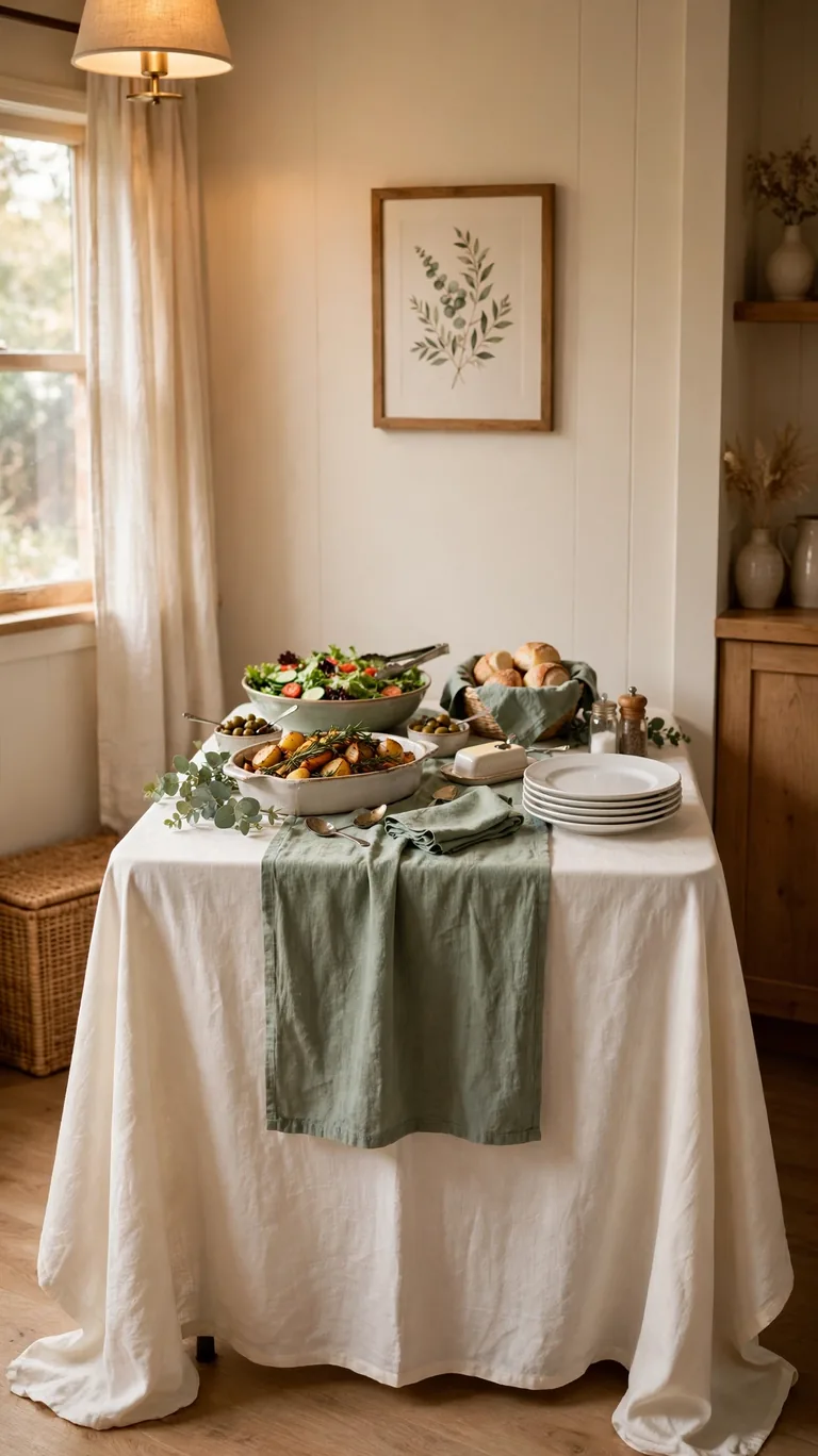 Folding card table with a floor length tablecloth styled as a buffet against a dining room wall
