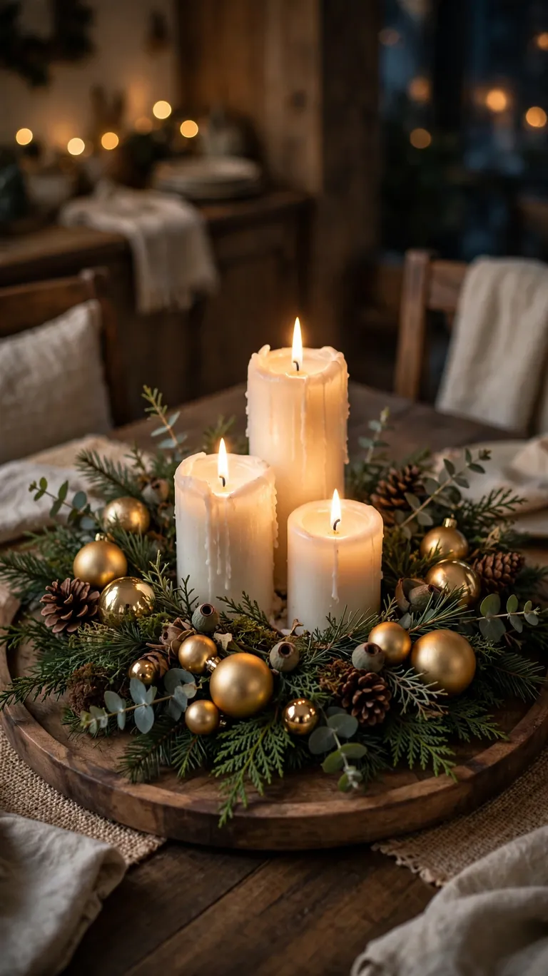 Christmas tray centerpiece with candles, pinecones, and baubles