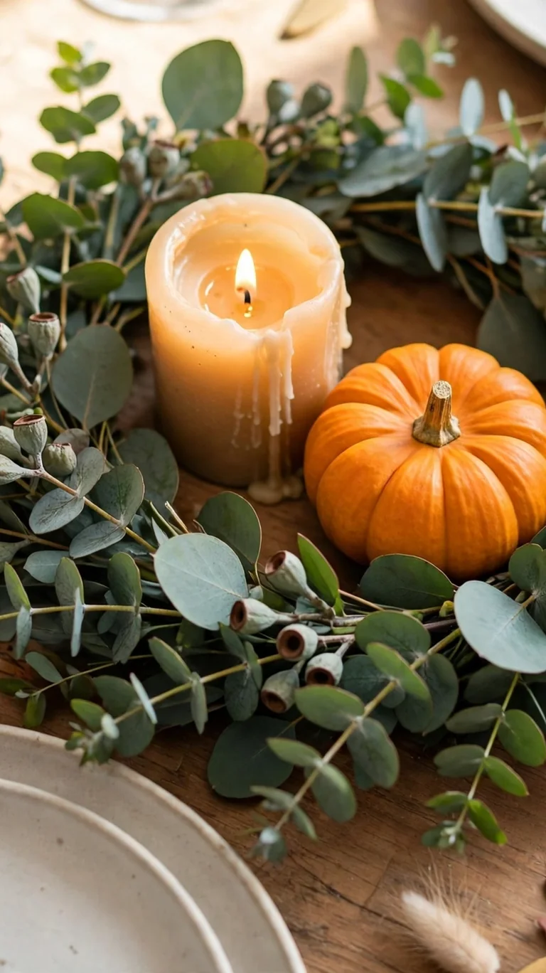Small wreath laid flat as a Thanksgiving centerpiece with a candle
