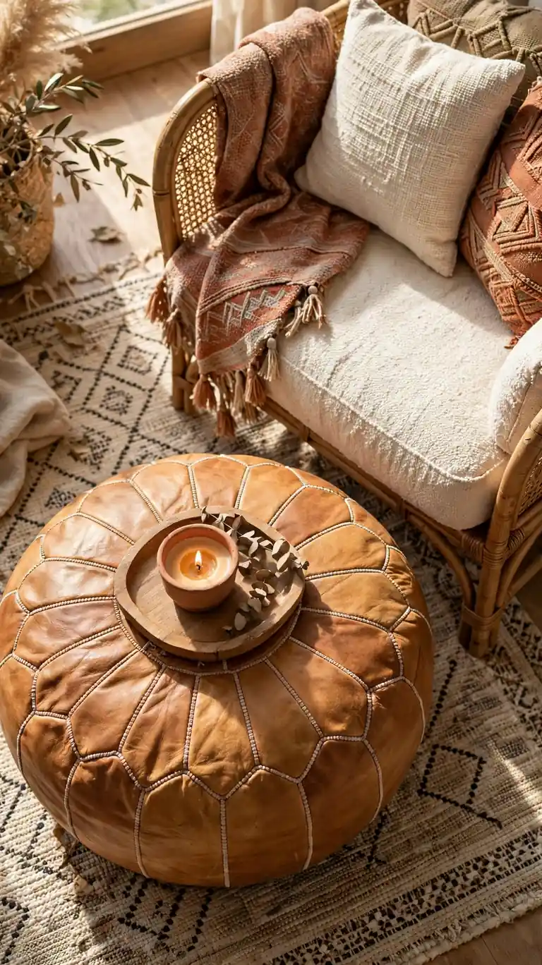 Round Moroccan-style tan leather pouf beside a boho armchair.