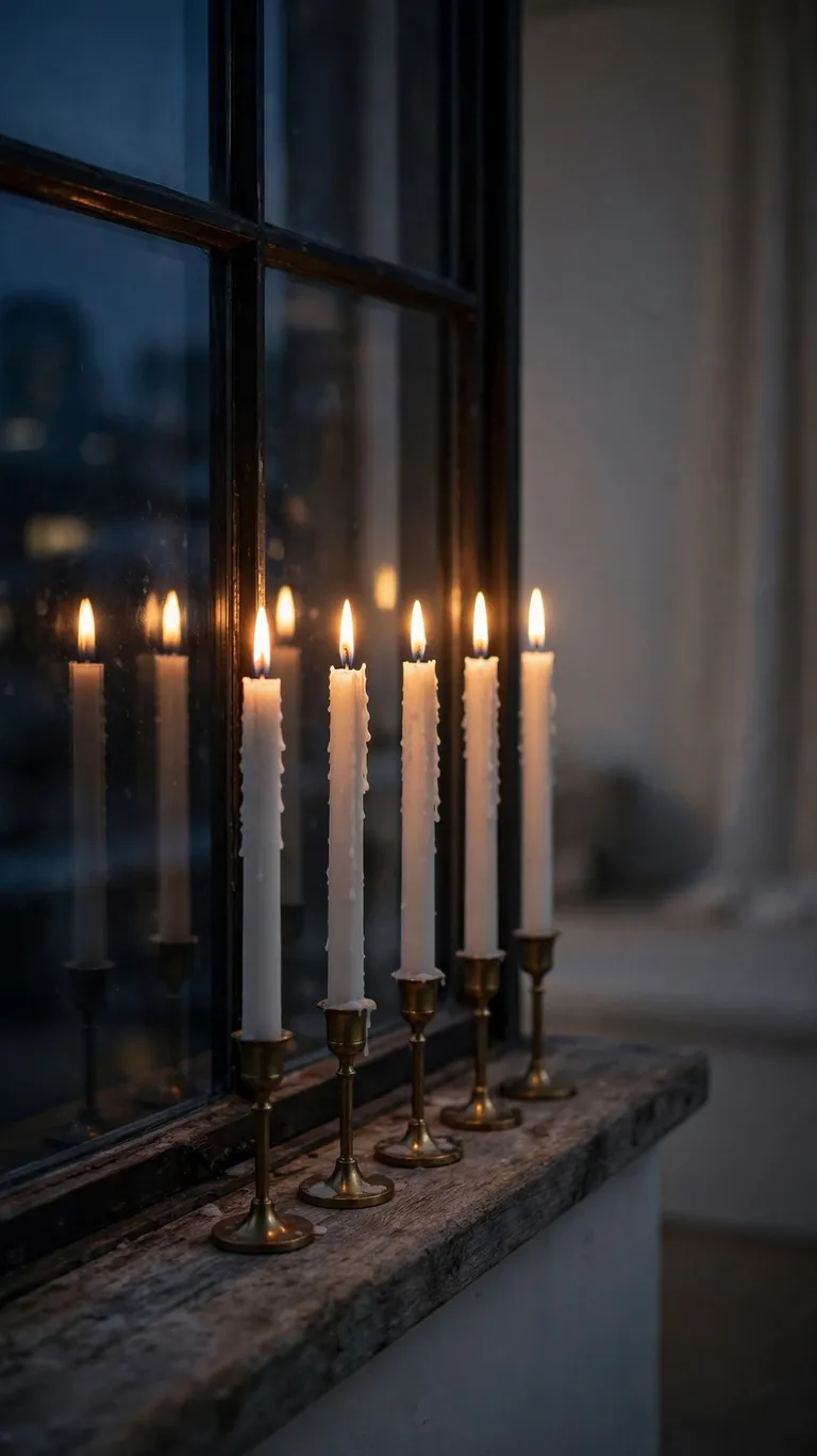 A row of white taper candles in brass holders on a living room windowsill at dusk.