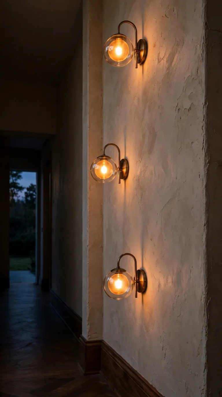 Warm glowing wall sconces spaced along a beige hallway wall at dusk.