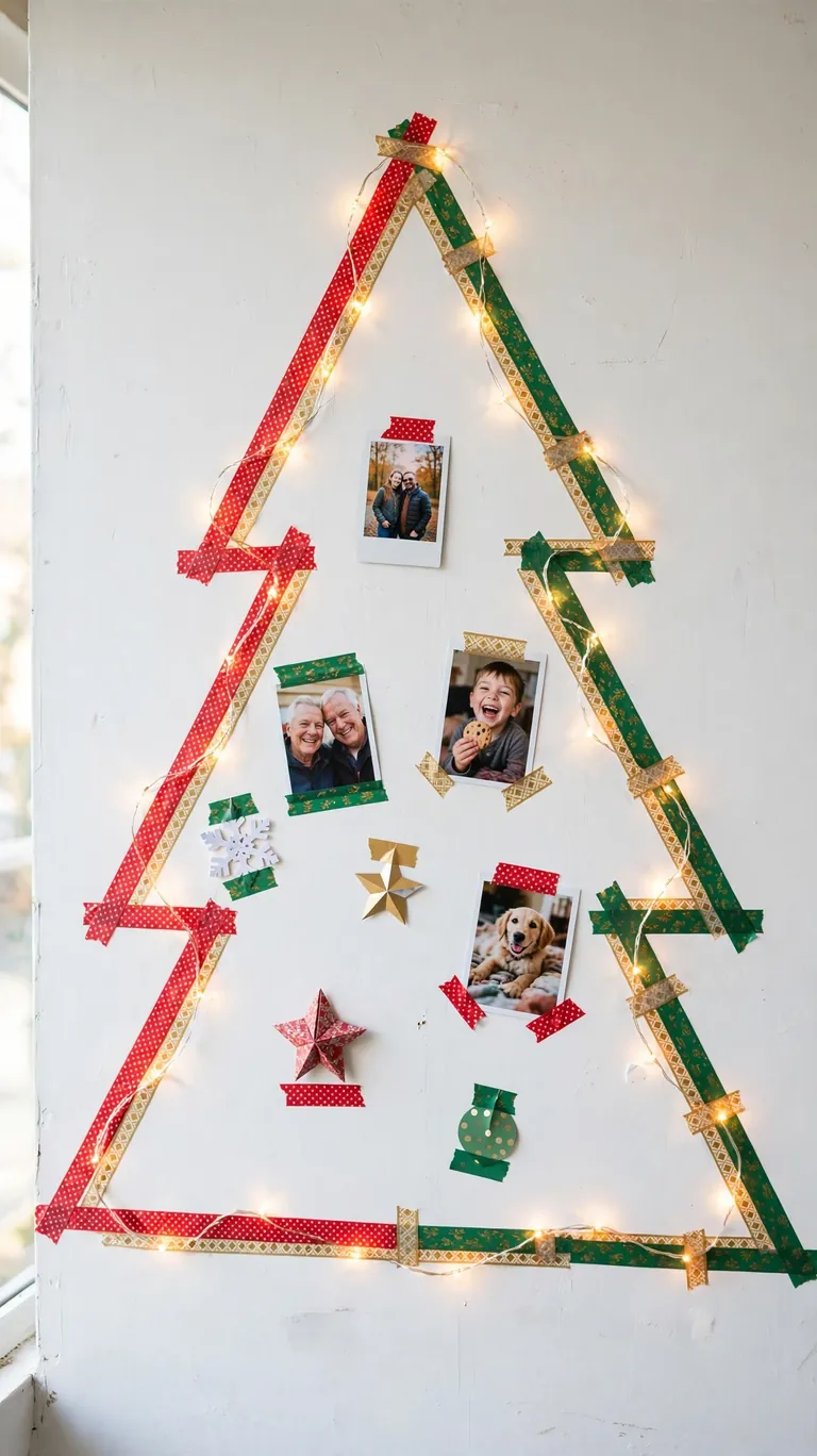 Christmas tree outline made of colorful washi tape on a rental apartment wall