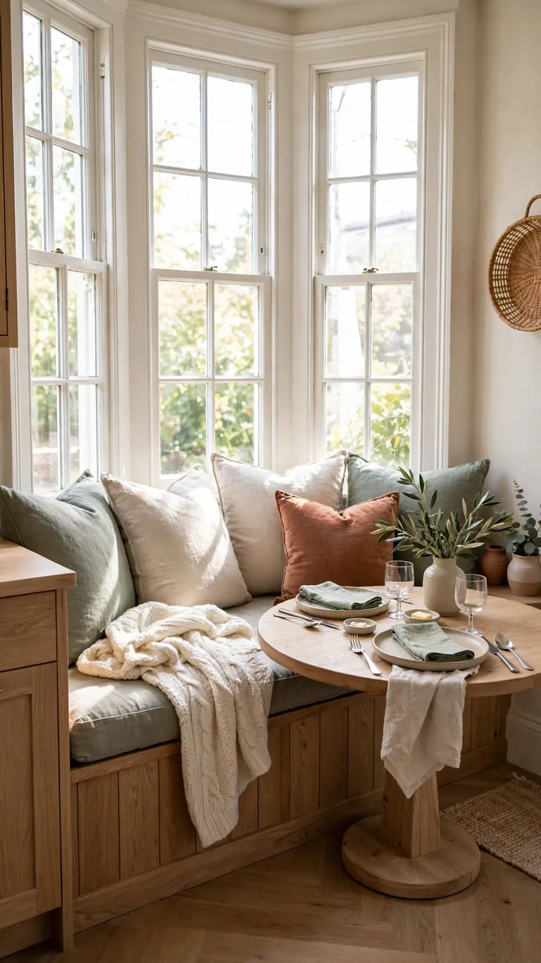 Bay window seat with cushions used as a bench for a small Thanksgiving table