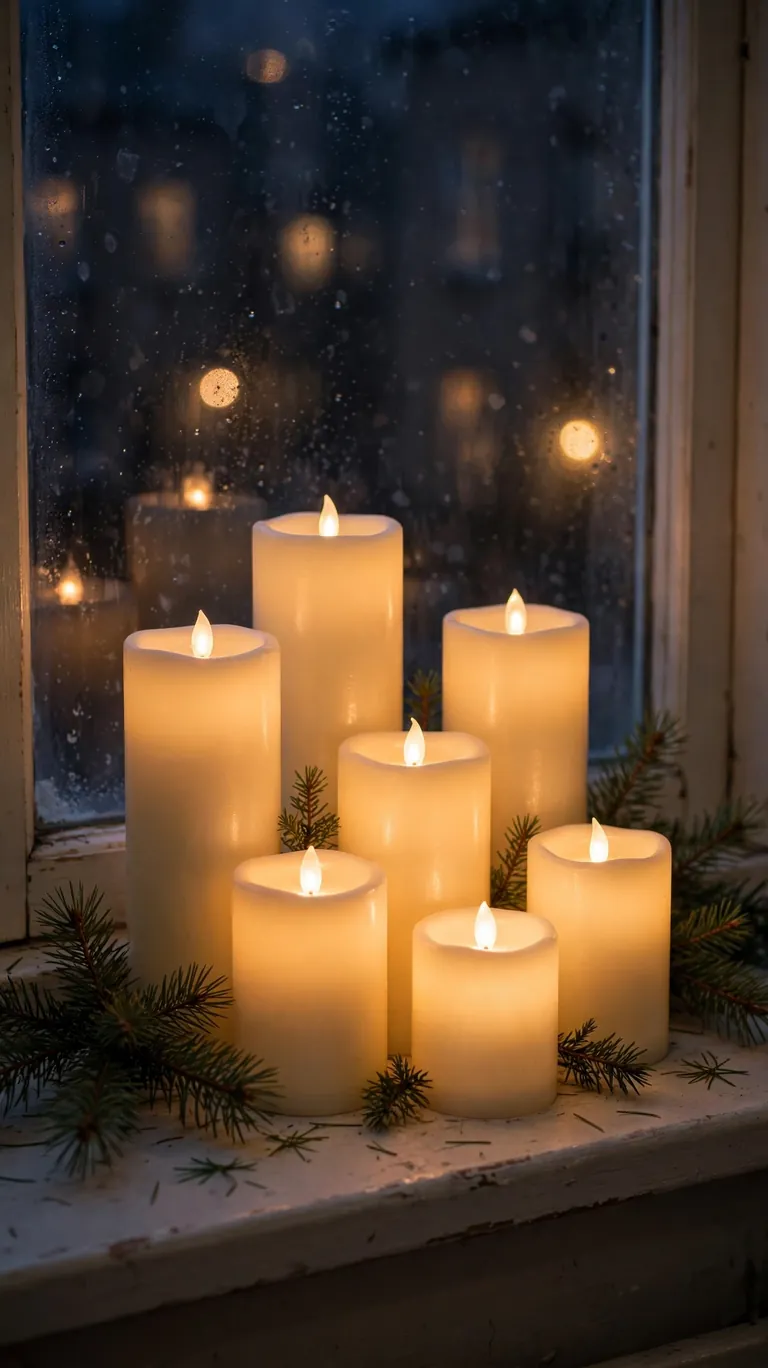 Battery operated flameless candles glowing on a windowsill