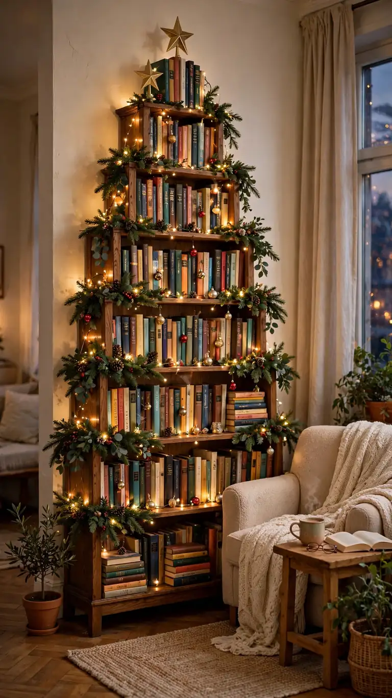 Bookshelf styled as a Christmas tree with garland, ornaments, and lights between books