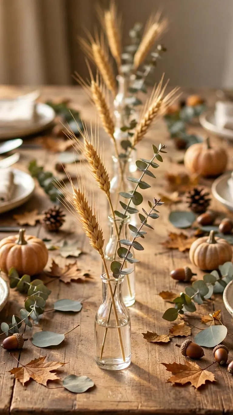 Row of bud vases with single fall stems on a small Thanksgiving table