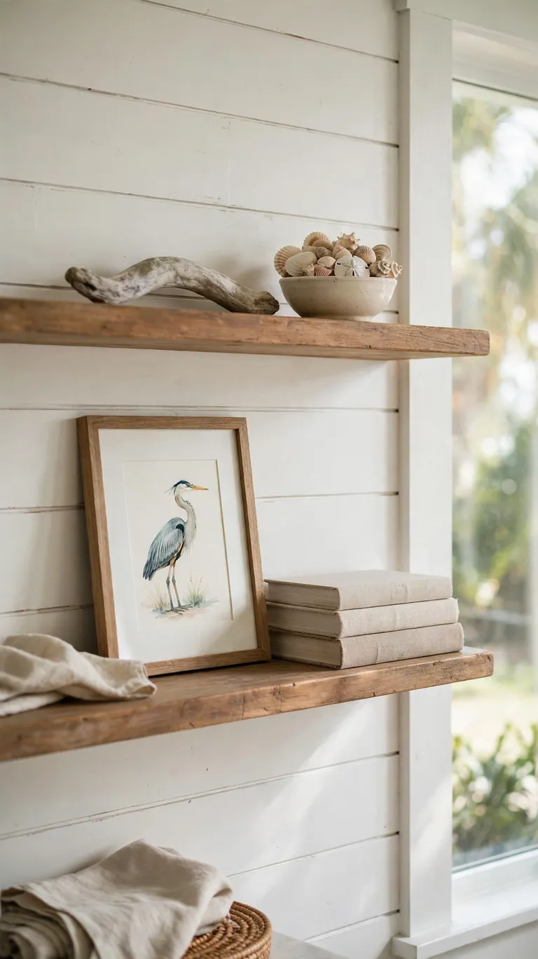 A styled bungalow shelf with driftwood, a bowl of collected shells, and a framed coastal art print.