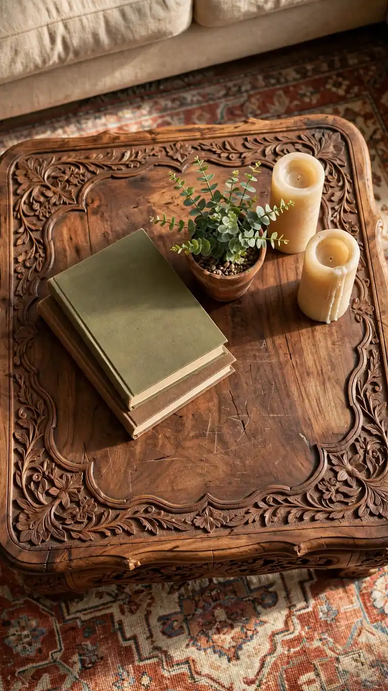Carved wooden coffee table styled with books, a plant, and candles in a boho living room.