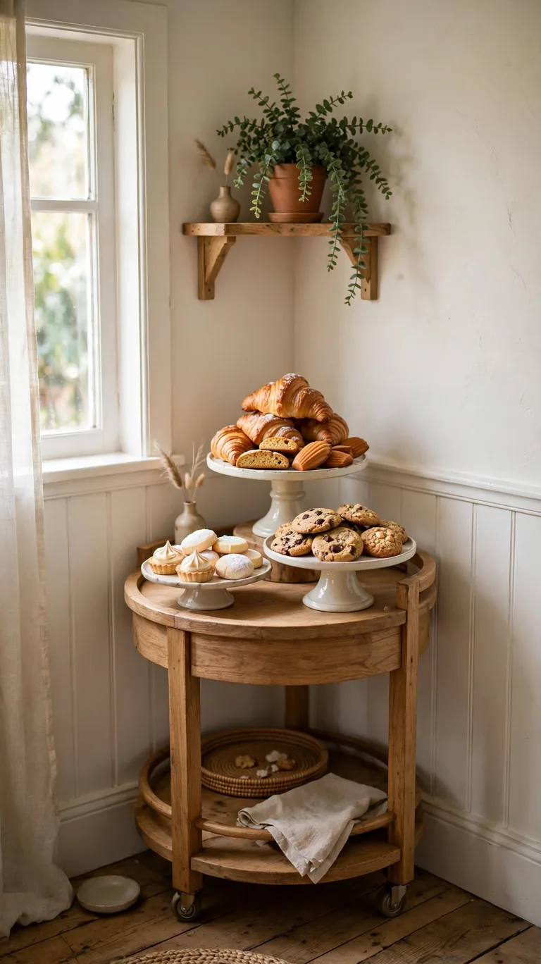 Small corner cart styled as a dessert station with cake stands holding pastries and cookies