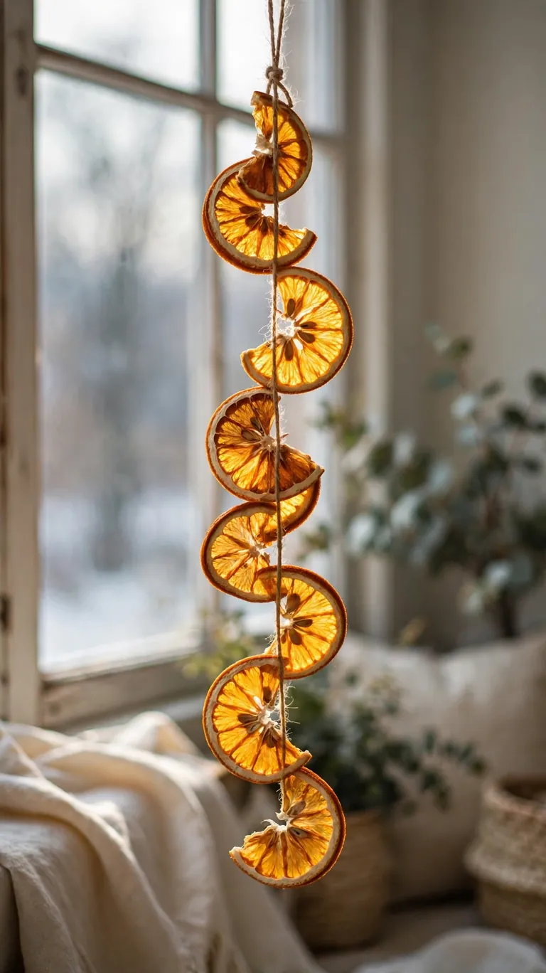 15 Neutral Christmas Decor Ideas for a Calm, Minimalist Home 11 Garland of dried orange slices tied with twine hanging in a bright window