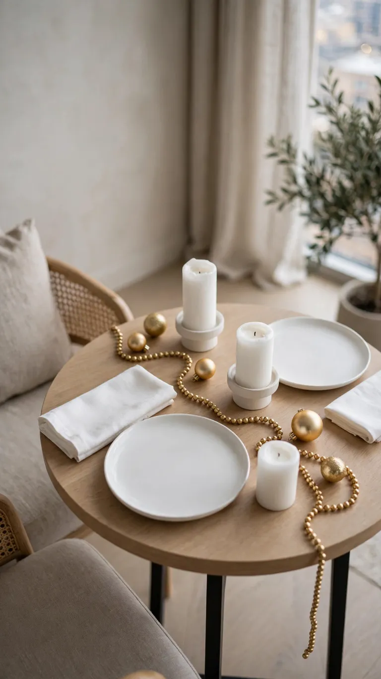 20 Beautiful Christmas Table Settings for Small Dining Spaces 11 Minimalist white and gold Christmas table setting with gold bead garland on a small table