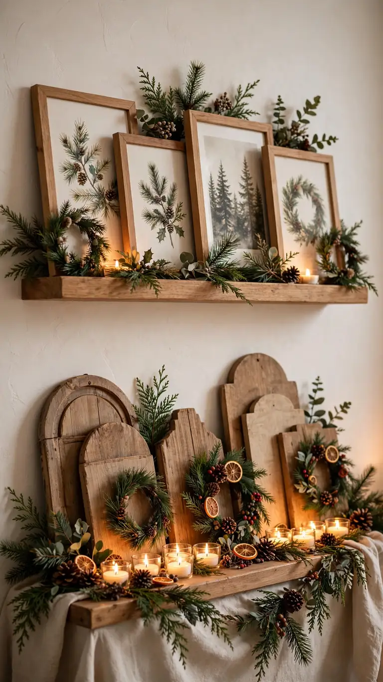 24 Festive Christmas Mantel Alternatives for Homes Without a Fireplace 11 Two picture ledges layered with holiday prints, small wreaths, wooden signs, and candlelight