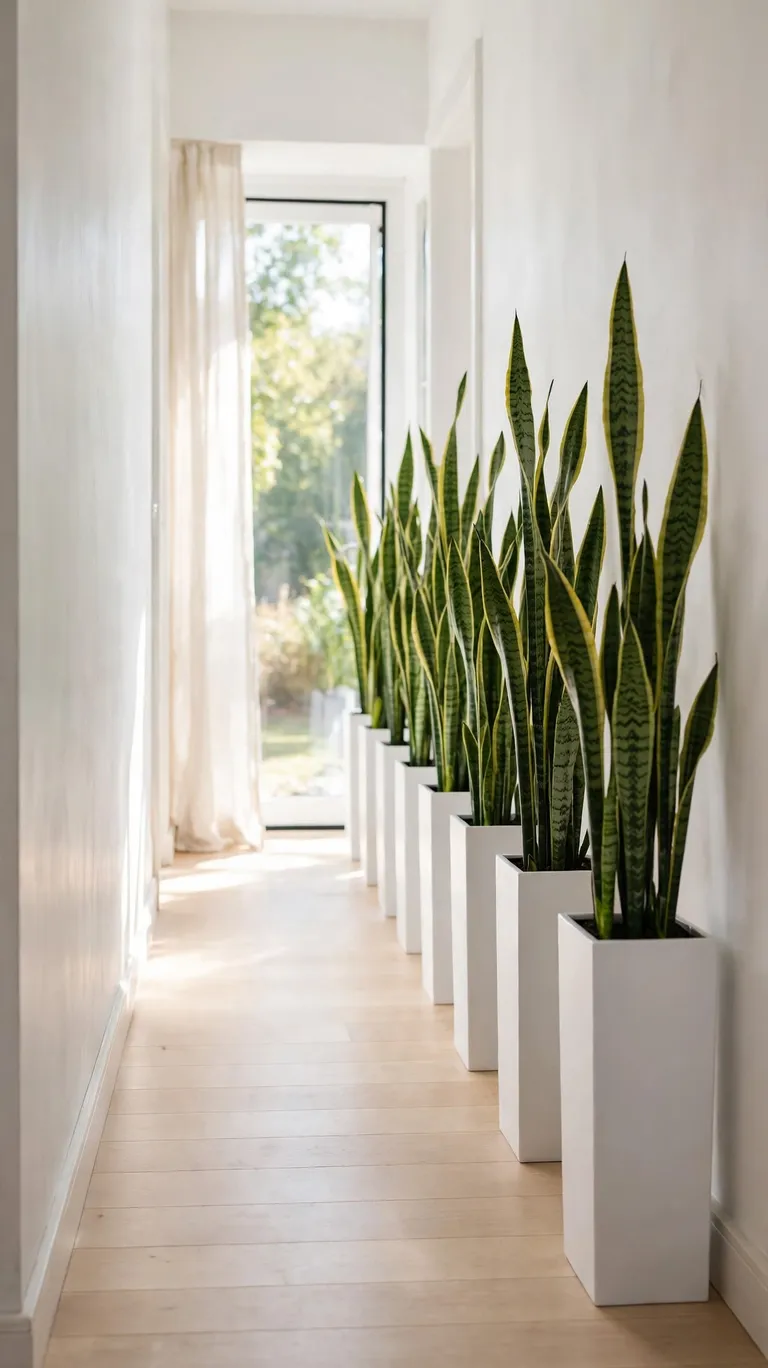Tall snake plants in slim planters lining one wall of a bright hallway.