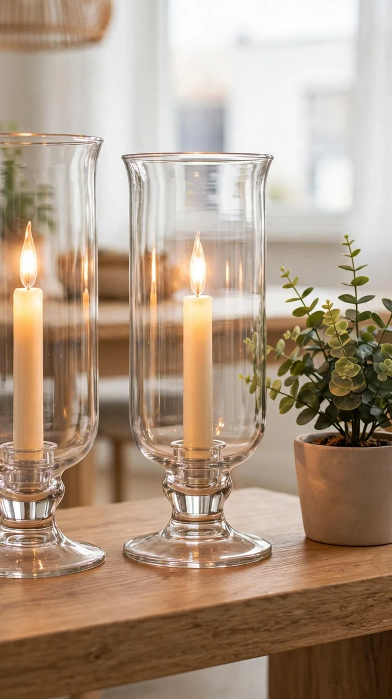 Real taper candles burning safely inside tall glass hurricane holders on an apartment side table