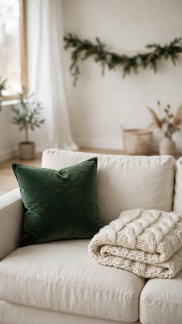 A cream sofa styled with one deep green pillow and a folded knit throw blanket.