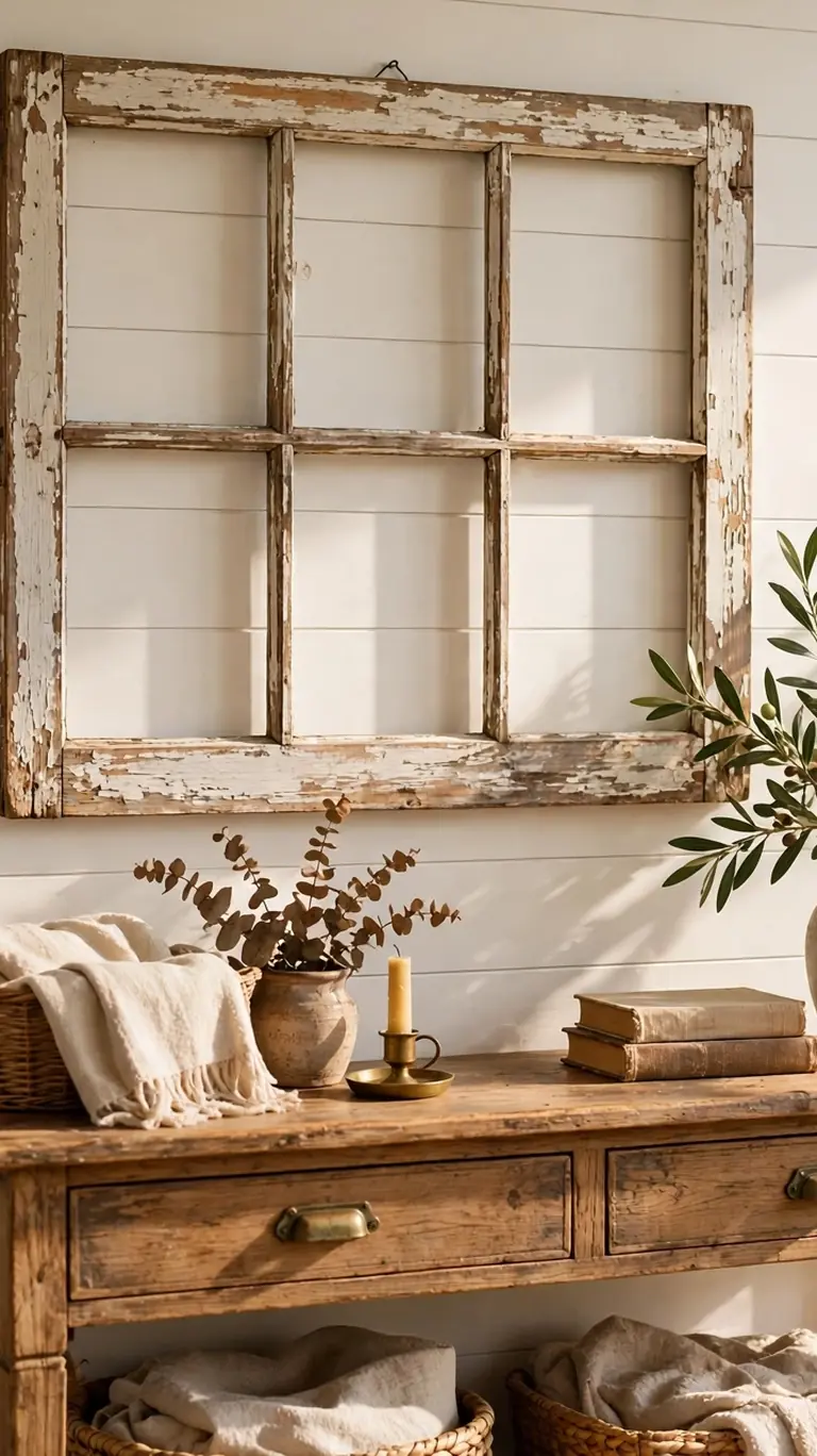 Vintage wooden window frame with chipped white paint hung as wall decor above a console table in a sunroom.