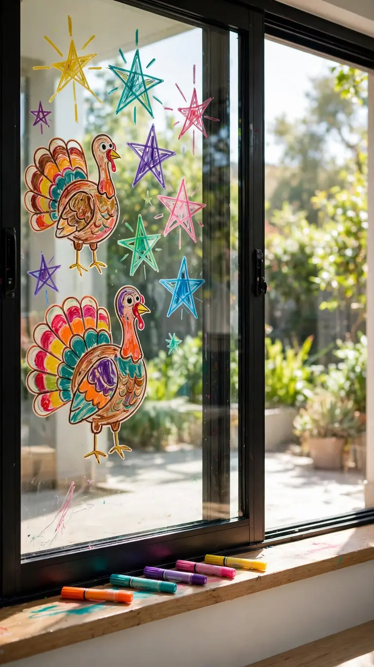 Kids drawing holiday scenes on a glass door with washable markers