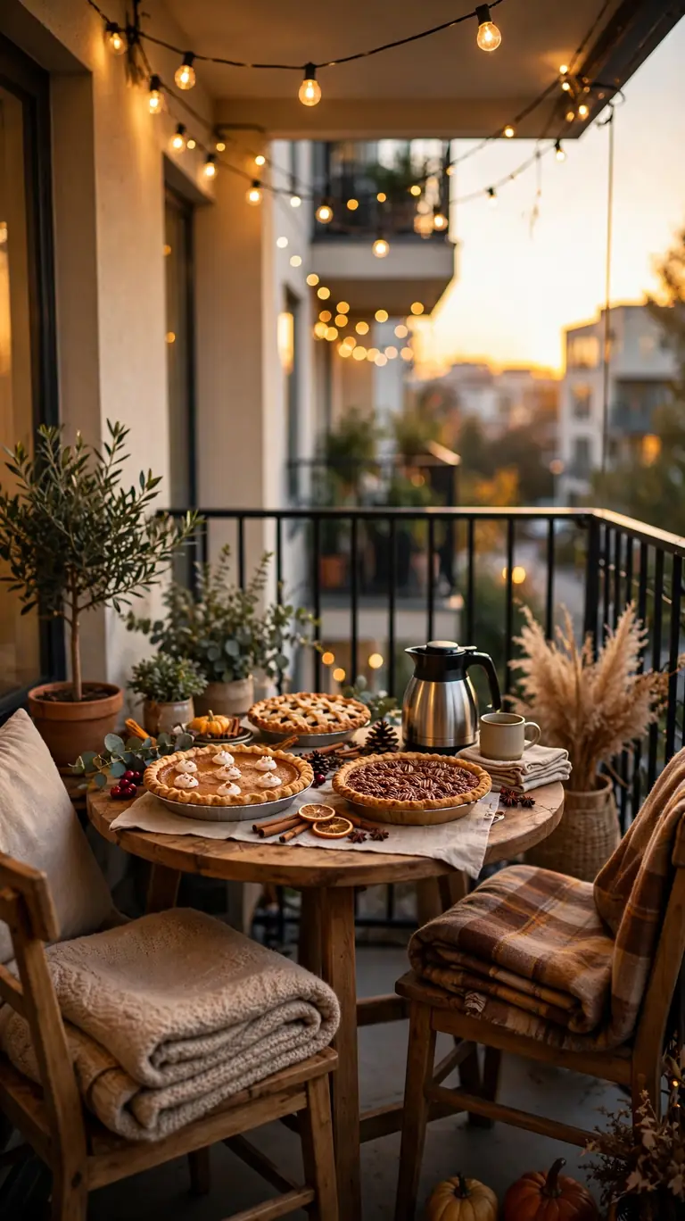 Small balcony with string lights set up as a Thanksgiving dessert station