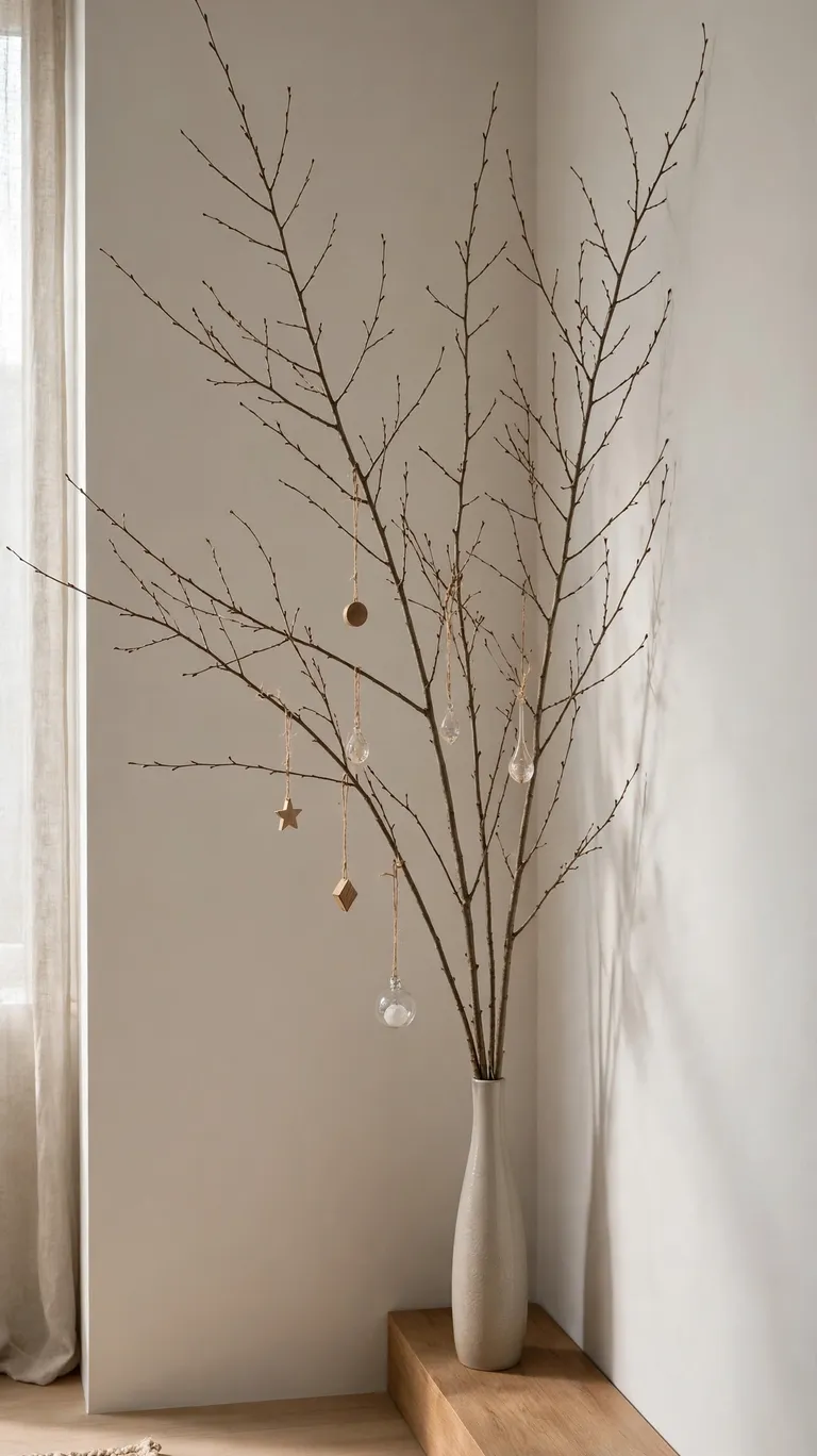 Bare winter branches in a tall ceramic vase with a few small hanging ornaments.