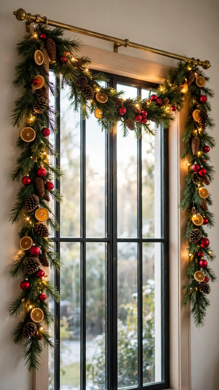 24 Festive Christmas Mantel Alternatives for Homes Without a Fireplace 12 A curtain rod draped with Christmas garland swags, pinecones, and lights framing a tall window