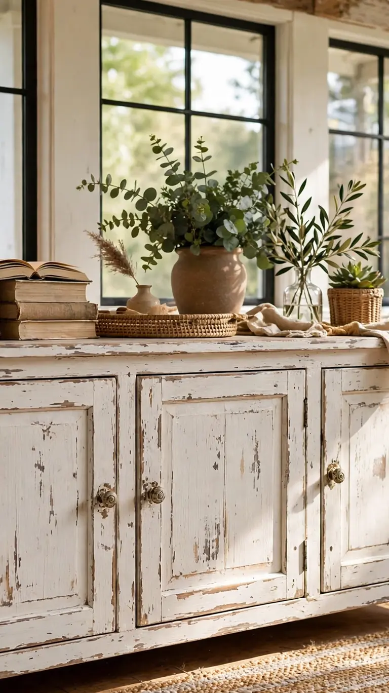 Distressed white wooden buffet with storage cabinets styled with a lamp, books, and greenery in a farmhouse sunroom.