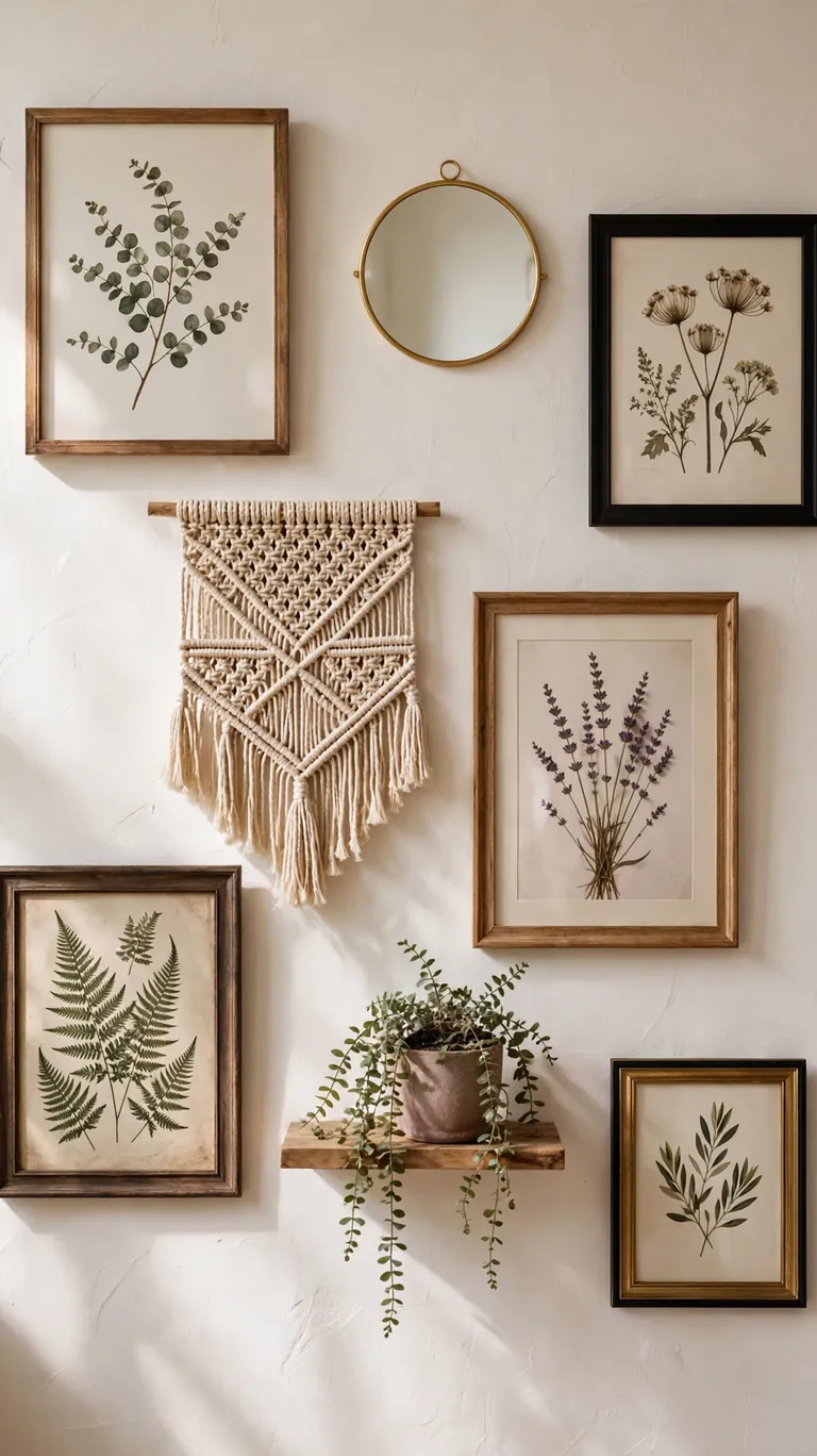 Eclectic boho gallery wall mixing framed prints, a small mirror, and woven decor.