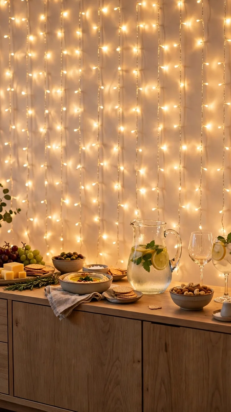 Curtain of warm fairy lights hanging behind a styled buffet sideboard at a dinner party