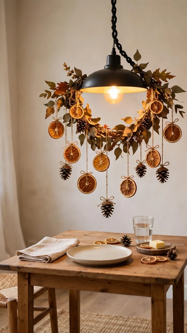 Fall garland hanging above a small Thanksgiving table
