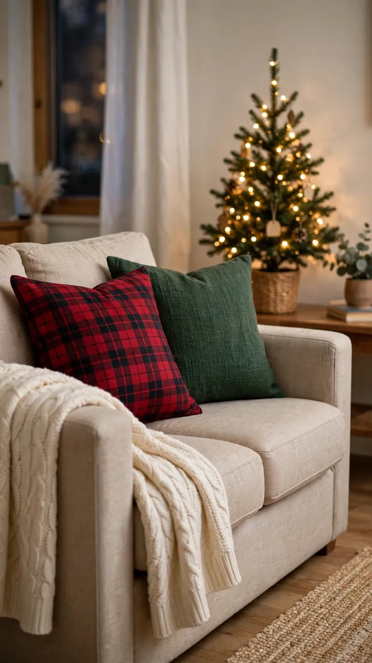 Sofa styled with festive red and green Christmas pillow covers