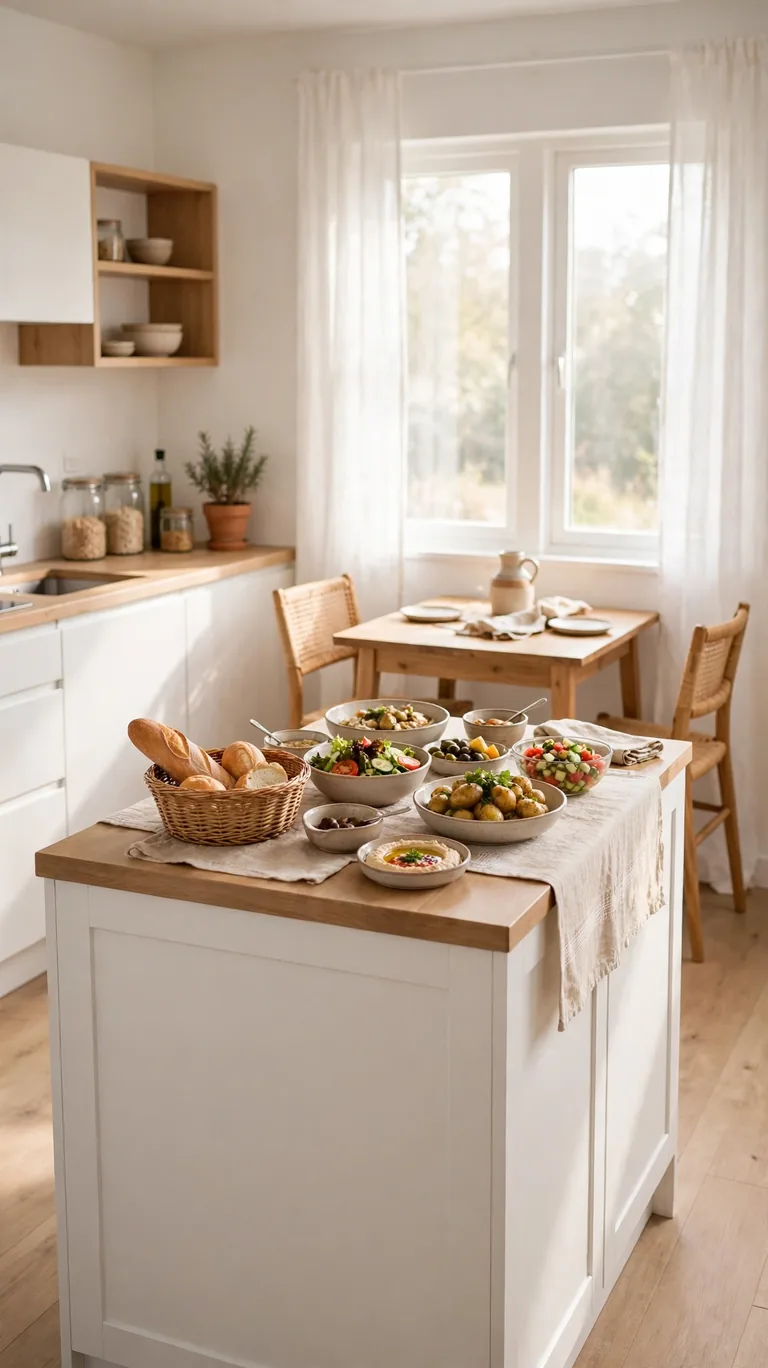 Kitchen island overhang styled as a buffet with side dishes and bread beside a small dining table