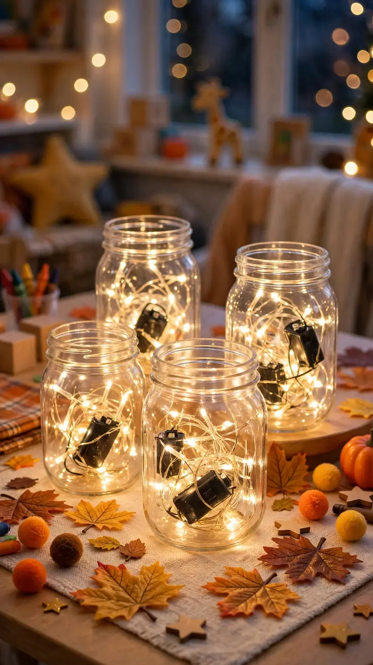 Plastic jars with glowing LED fairy lights on a kids table