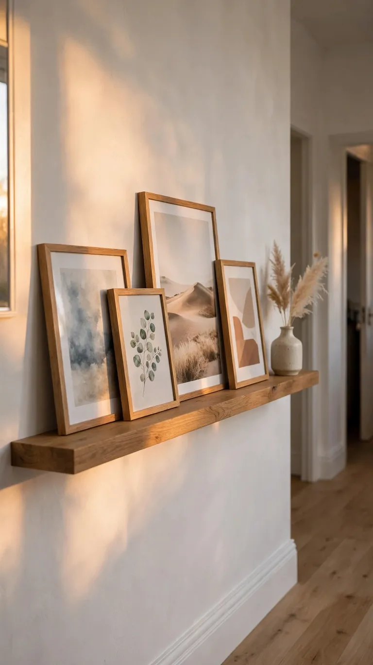 A long picture ledge with layered framed prints in a hallway.
