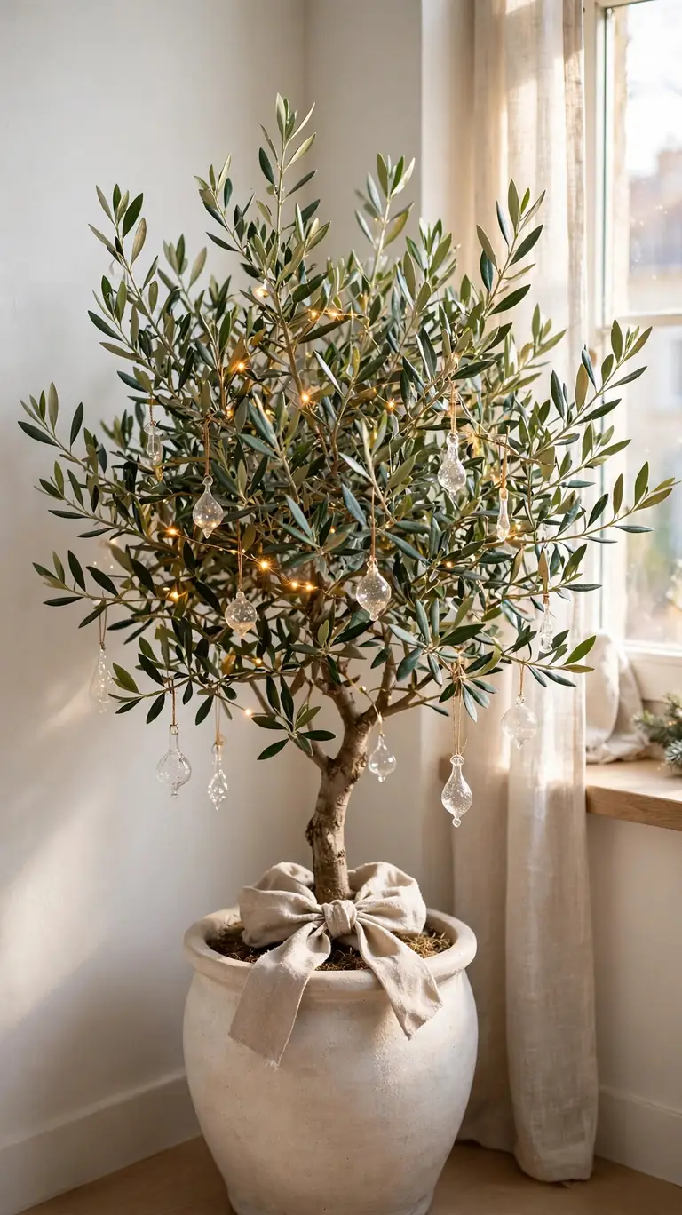 Potted olive tree decorated for Christmas with warm lights and delicate ornaments
