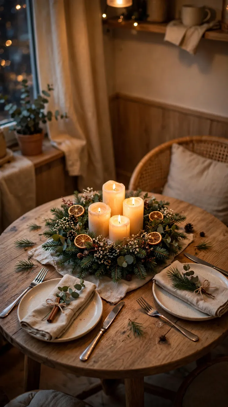 20 Beautiful Christmas Table Settings for Small Dining Spaces 12 Small Christmas wreath laid flat with pillar candles in the middle of a round table