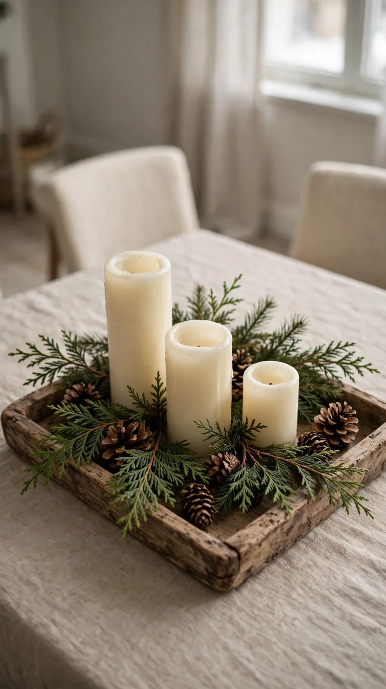 15 Neutral Christmas Decor Ideas for a Calm, Minimalist Home 12 Wooden tray centerpiece with ivory pillar candles and cedar sprigs on a dining table