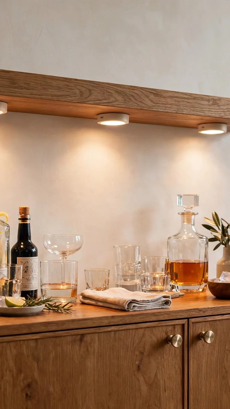 Battery puck lights mounted under a floating shelf washing warm light over glassware and bottles