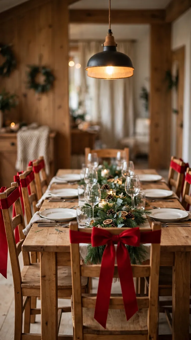 Dining chairs decorated with tied red ribbon bows