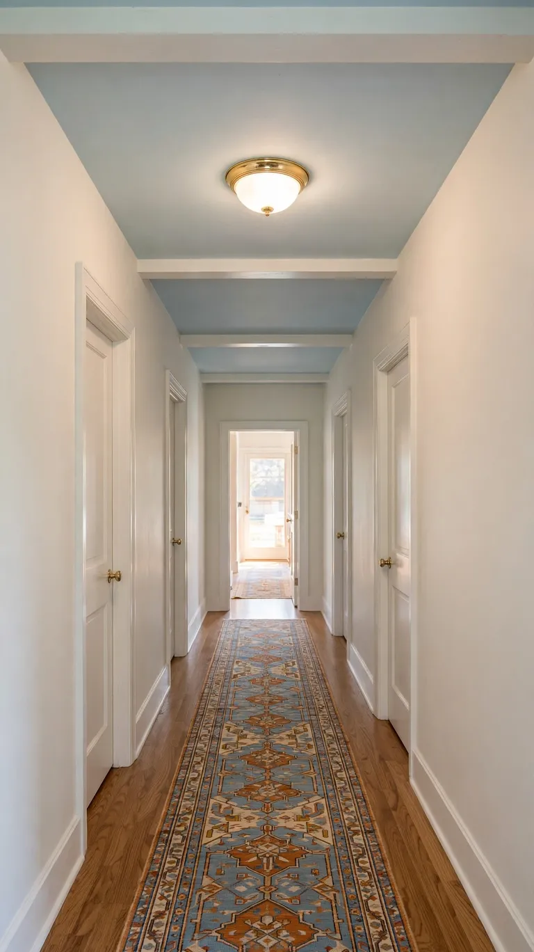 A hallway with a pale blue painted ceiling and simple wood beams.