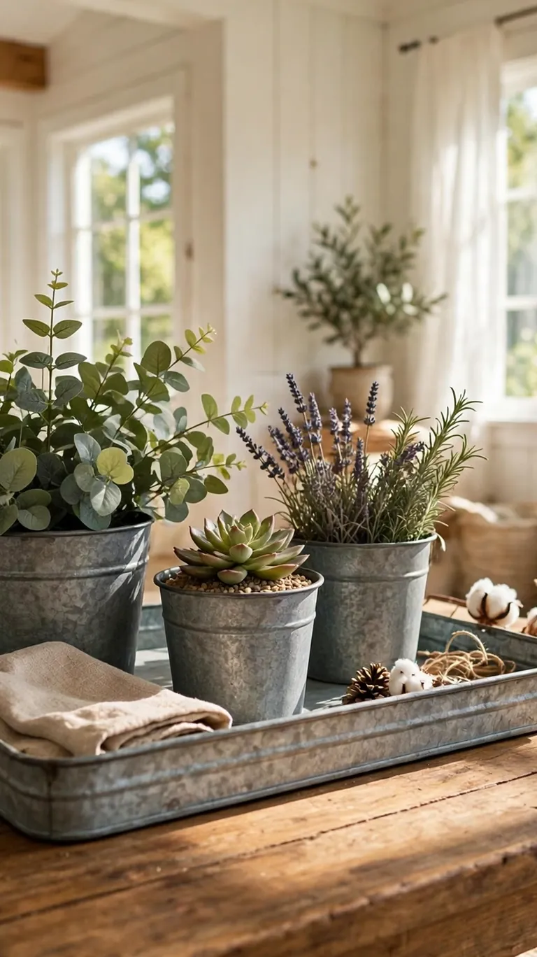 Galvanized metal tray and planters used as farmhouse accents on a wooden coffee table in a bright sunroom.